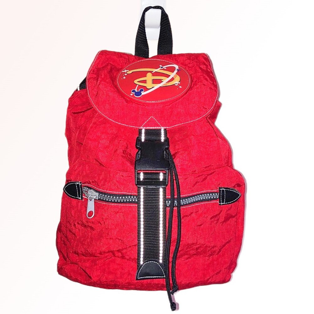 Red Disney Logo Nylon Backpack Drawstring Flap Pack 14”x11”